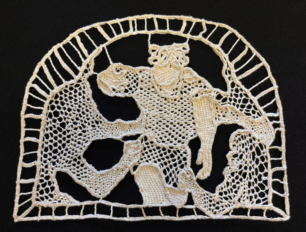 A natural cotton needle lace textile piece depicting Babalwa Latsha, a rugby player for South Africa, running through disembodies hands that try to pull her back.
