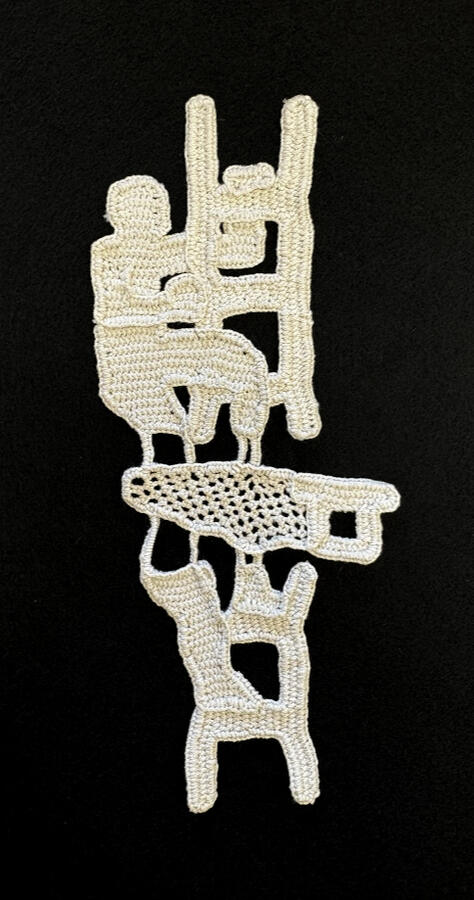 A natural cotton needle lace textile piece depicting a person climbing a ladder. Both the ladder and person are being cut by a saw.